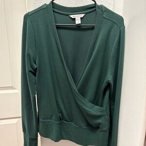 Deep green wrap top by Athleta.
Runs big but very cozy.